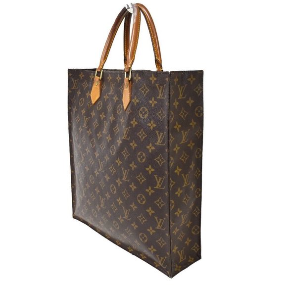 LOUIS VUITTON Logo Sac Plat Hand Tote Bag Monogram Leather Brown - Picture 2 of 15